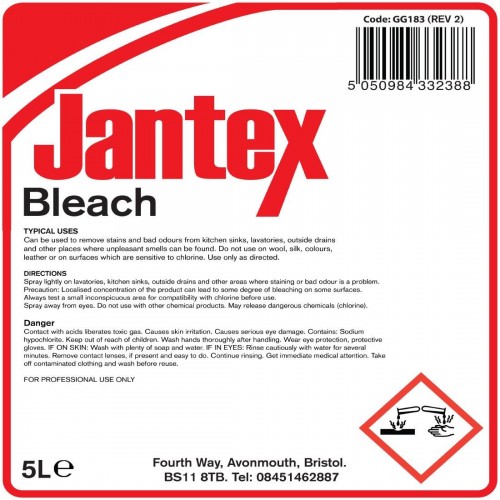 Jantex Sodium Hypochlorite Bleach Ready To Use 5ltr Gg1 Nex