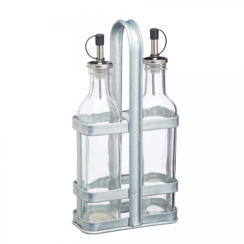 Glass Oil and Vinegar Cruet Set with Steel Holder