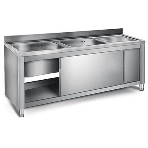 Commercial Sink with Cupboard Stainless steel 2 bowls Left Splashback Width 1400mm Depth 700mm | DA-THSSR147BL2