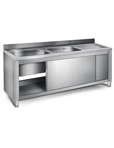 Commercial Sink with Cupboard Stainless steel 2 bowls Left Splashback Width 1400mm Depth 700mm | DA-VSC147LBT