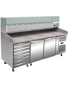 Pizza Prep Counter 2 doors 7 drawers Granite top Refrigerated Counter top display 10xGN1/4 Depth 800mm | DA-PZ46+PT46