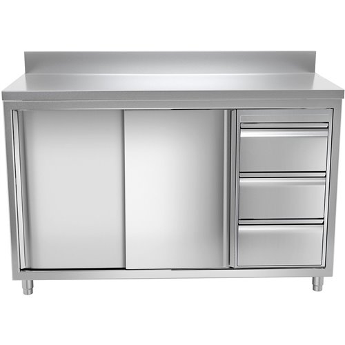 Commercial Worktop Floor Cupboard 3 drawers Right 2 sliding doors Stainless steel Width 1800mm Depth 600mm Upstand | Stalwart DA