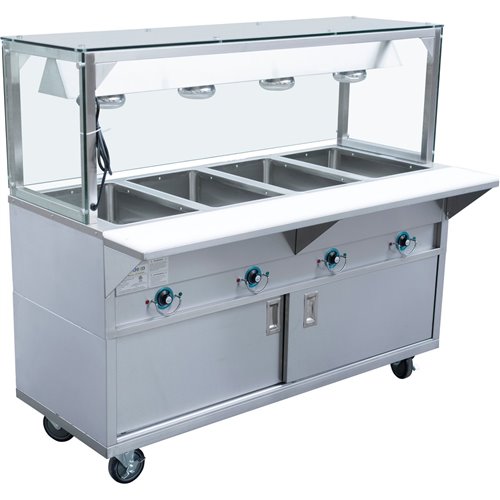 Mobile Servery Steam Table with Cupboard &amp Heated overshelf 4xGN1/1 | Stalwart EST4SWCBSD-FTGSG1960