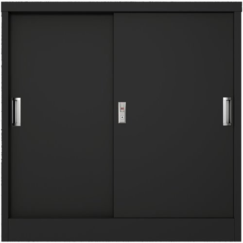 Commercial Metal Black Sliding Door Storage Cabinet Lockable with 2 Shelves 900x400x900mm | Stalwart DA-FCC9BLACK