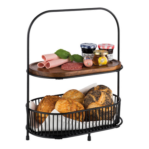 5 Piece Set (includes 2 Tier Serving Stand with 2 x Removable Black Metal Baskets & 2 x Oiled Acacia Wood Boards) STDP-30336