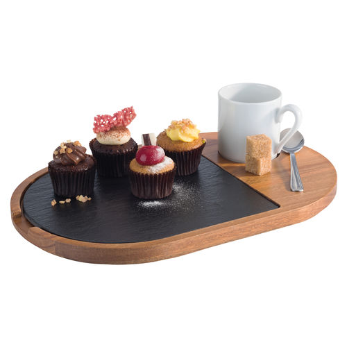 Acacia Wood Serving Board with Slate Tray inset 28 x 17.5cm STDP-00814