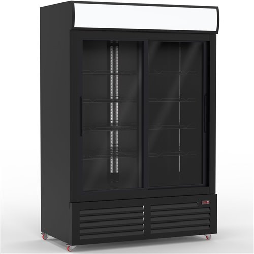 Commercial Bottle Cooler Upright 1400 litres Double Sliding Glass Door with LED Canopy in Black | Stalwart DA-KXG1330S