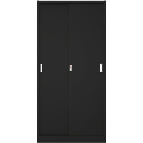 Commercial Sliding Door Steel Black Storage Cupboard with 4 Shelves and Lock 900x400x1850mm | Stalwart DA-FCC18BLACK