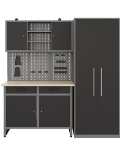 Garage Workstation Set - with Wooden Desktop, 5 Drawers, 2 Cupboards, and 1 Cabinet, 2100x600x2050 | Stalwart DA-TC117