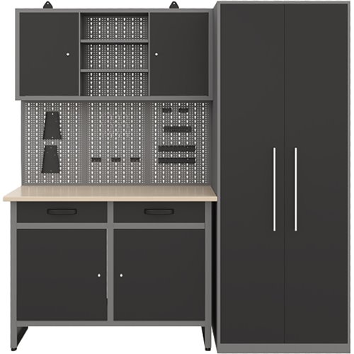 Garage Workstation Set - with Wooden Desktop, 5 Drawers, 2 Cupboards, and 1 Cabinet, 2100x600x2050 | Stalwart DA-TC117