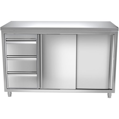 Commercial Worktop Floor Cupboard 3 drawers Left 2 sliding doors Stainless steel Width 1600x700x850mm | Stalwart DA-VTC167L3