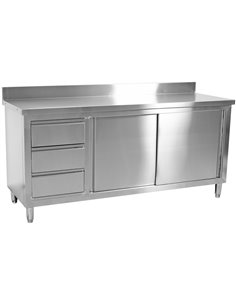 Commercial Worktop Floor Cupboard 3 drawers Left 2 sliding doors Stainless steel 1600x600x850mm Upstand | Stalwart DA-VTC166L3B