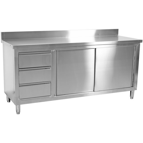 Commercial Worktop Floor Cupboard 3 drawers Left 2 sliding doors Stainless steel 1600x600x850mm Upstand | Stalwart DA-VTC166L3B