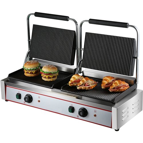 Heavy Duty Twin XL Panini Contact grill Ribbed 4.4kW Dual Zone | Stalwart DA-HEG813E