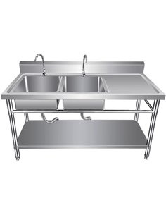 Commercial Sink Stainless steel 1400x600x850mm 2 Bowls left Splashback Undershelf | Stalwart DA-WUDBS14060LEFT