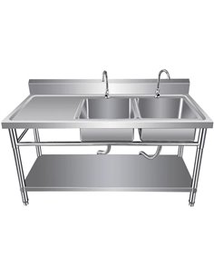 Commercial Sink Stainless steel 1400x600x850mm 2 Bowls right Splashback Undershelf | Stalwart DA-WUDBS14060RIGHT