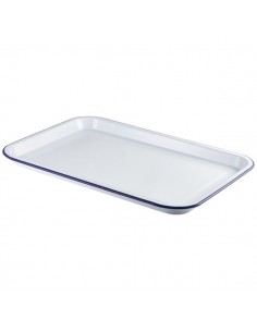 Enamel Serving Tray White with Blue Rim 33.5x23.5x2.2cm