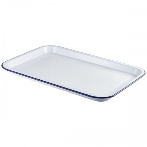 Enamel Serving Tray White with Blue Rim 33.5x23.5x2.2cm