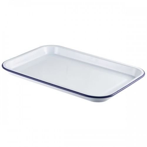 Enamel Serving Tray White with Blue Rim 38.2x26.4x2.2cm