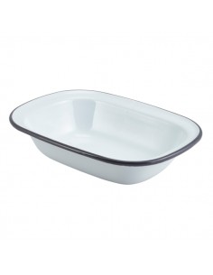 Enamel Rect. Pie Dish White with Grey Rim 20cm