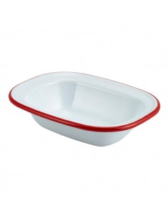 Enamel Rect. Pie Dish White with Red Rim 16cm