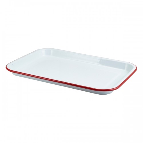 Enamel Serving Tray White with Red Rim 33.5x23.5x2.2cm